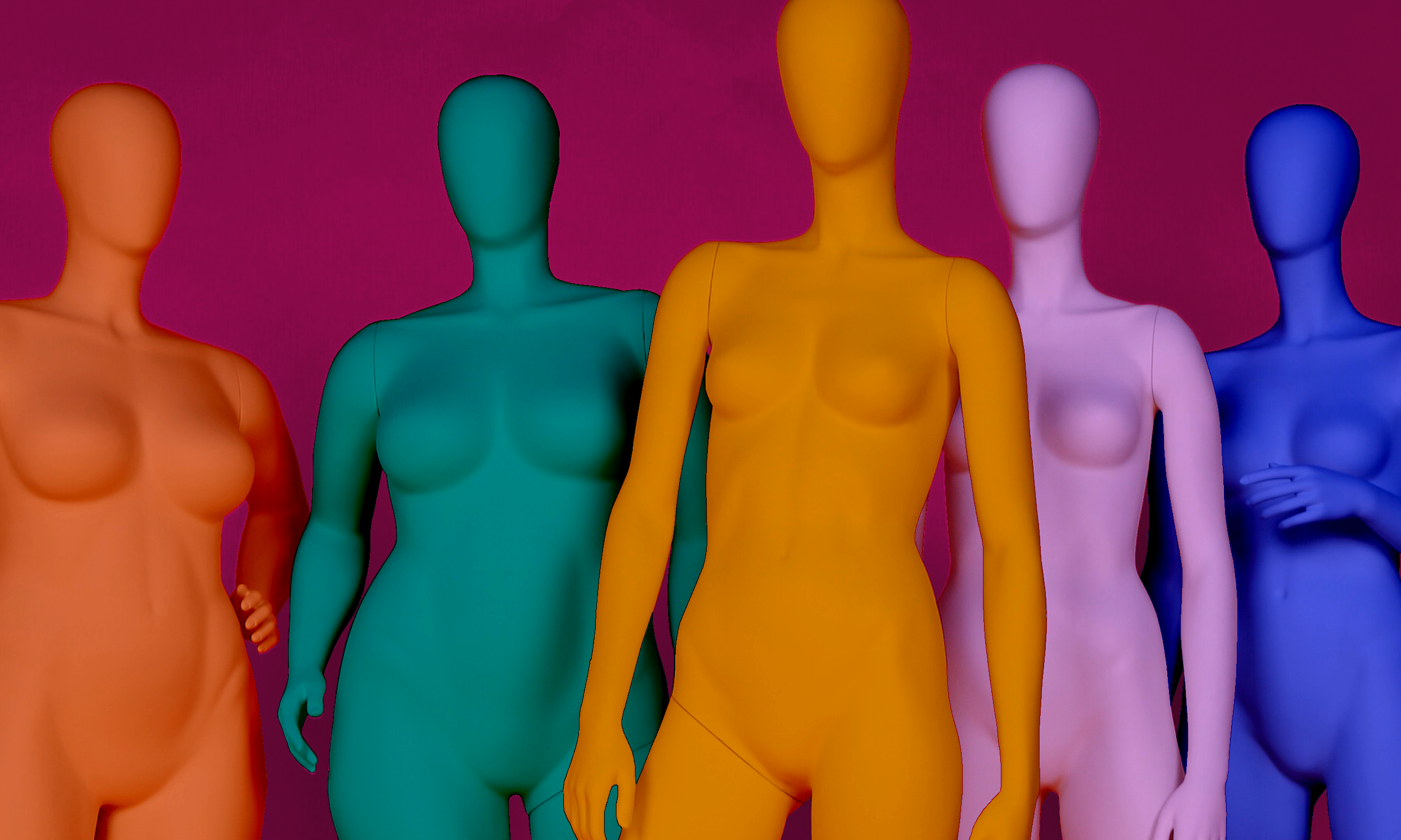 Five mannequins posing. Fusion Community collection.
