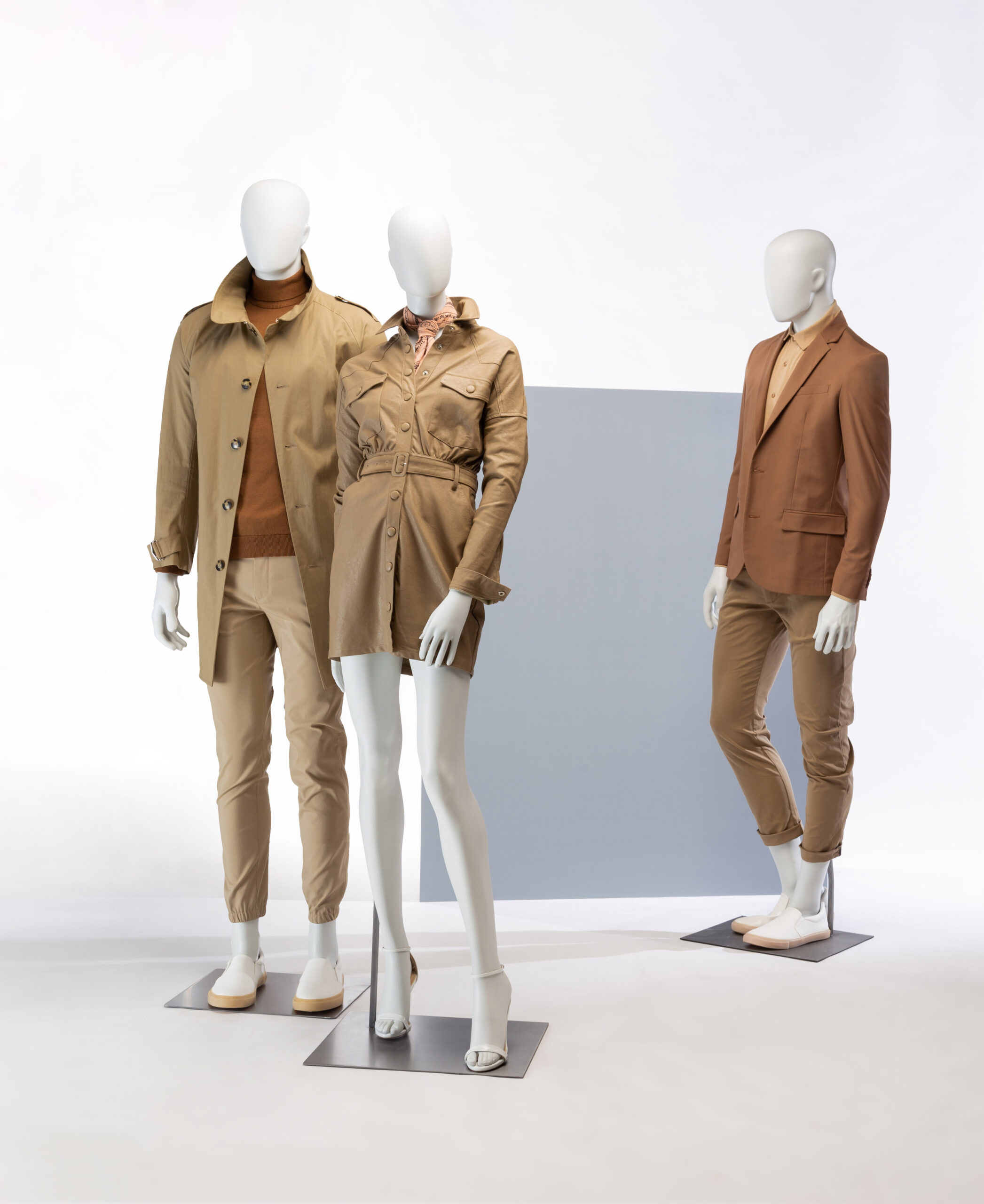 Three mannequins posing. Fusion Europa collection.