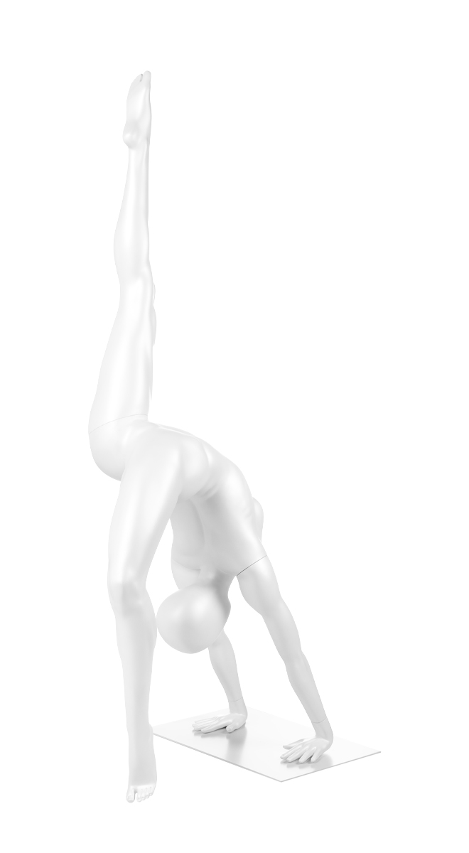 A mannequin doing a handstand. Fusion Olympus collection.